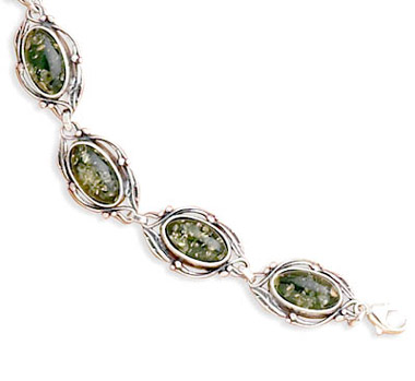 Green Amber Link Bracelet with Leaf Design