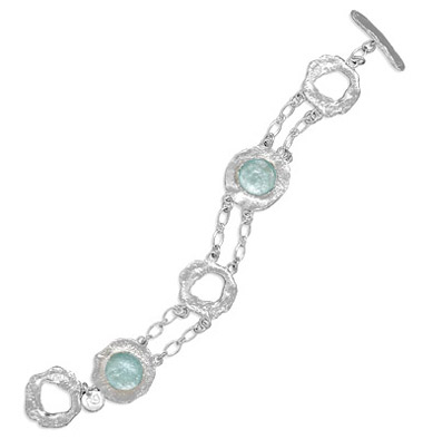 Double Strand Round Textured Silver and Roman Glass Toggle Bracelet