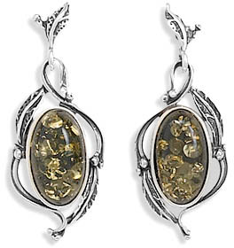 Green Amber Leaf Design Earrings in Sterling Silver