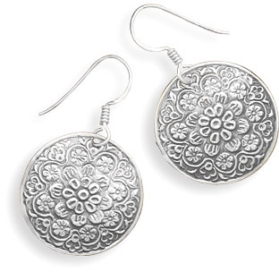 Floral Design Disc Earrings in Sterling Silver