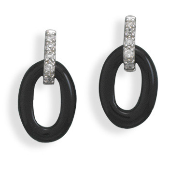 Oval Black Onyx and CZ Earrings