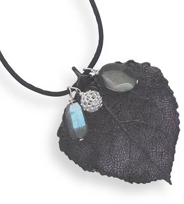 Gunmetal Plated Leaf with Gemstone Charms