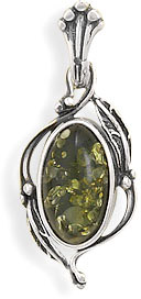 Green Amber Leaf Design Pendant in Sterling Silver