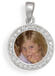 Round CZ Picture Frame Pendant in Sterling Silver