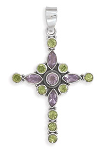 Amethyst and Peridot Cross Pendant in Sterling Silver