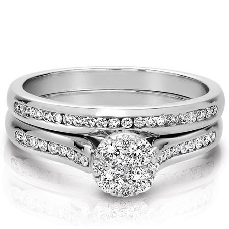 1/2 Carat Wedding and Engagement Bridal Ring Set with Illusion-Setting in 14K White Gold