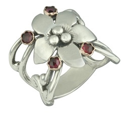 Handmade Sterling Silver Garnet Flower Ring with 14K Gold Settings