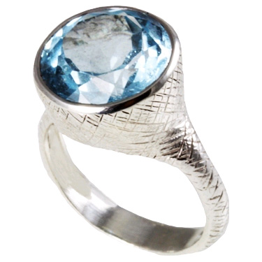 Handmade Textured Round Blue Topaz Sterling Silver Ring