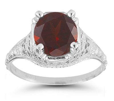 Antique-Style Floral Garnet Ring in 14K White Gold