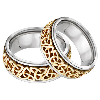 Celtic Trinity Knot Wedding Band Set, 14K Two-Tone Gold