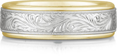 Engraved Paisley Wedding Band, 14K Two-Tone Gold