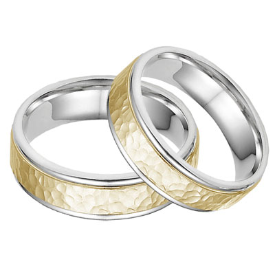 14K Two-Tone Gold Hammered Wedding Band Set