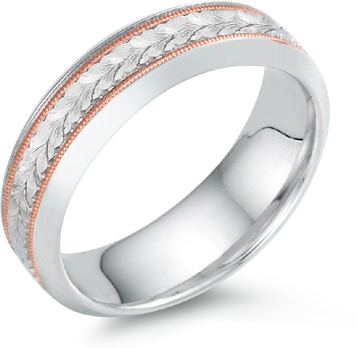 Leaf Engraved Wedding Band, 18K White and Rose Gold