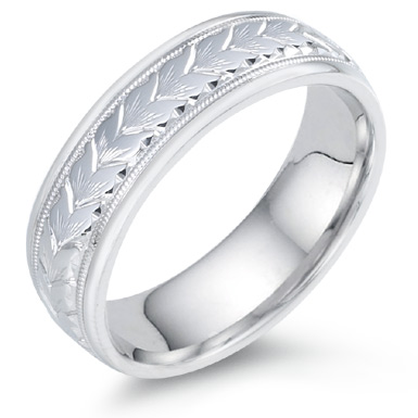 Leaf Engraved Wedding Band, 14K White Gold