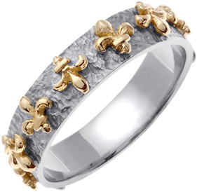Fleur-de-Lis Wedding Band Ring, 14K Two-Tone Gold