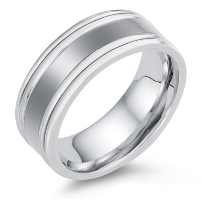 A sculpted Wedding band that has double edges in 14k white gold