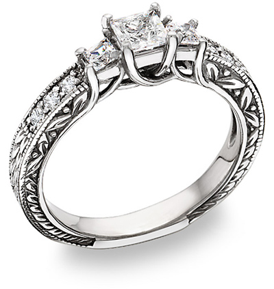 princess-cut three stone diamond engagement ring