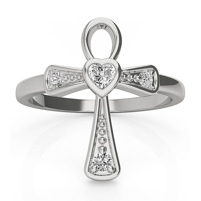 14K White Gold Heart-Shaped Diamond Cross Ring