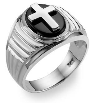 Sterling Silver Men's Oval Onyx Christian Cross Ring