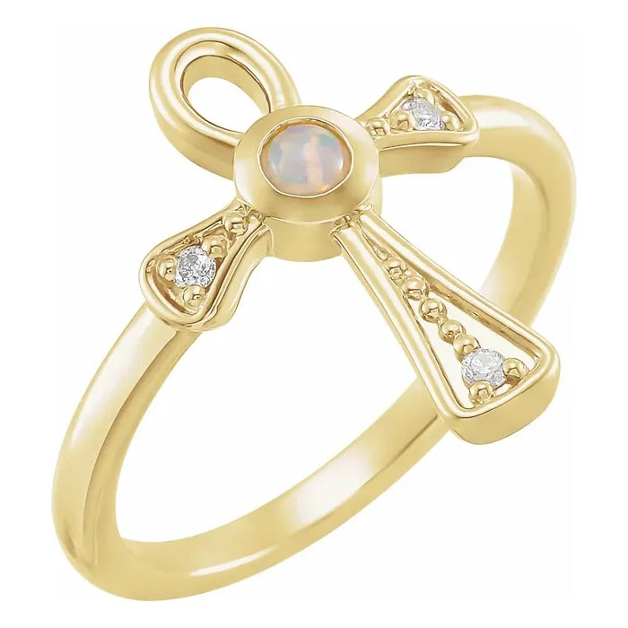 Opal and Diamond Ankh Ring 14K Gold