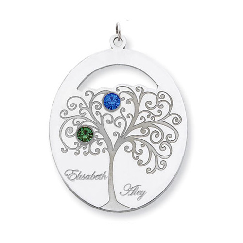 Sterling Silver Oval Family Tree Pendant with 2 Stones