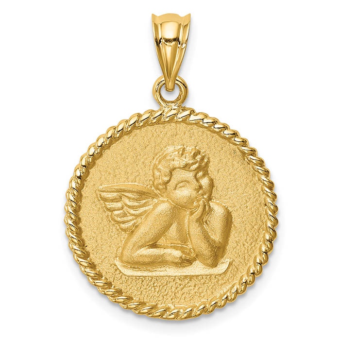 brushed renaissance angel disc pendant 14k gold