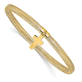 14K Gold Italian Cross Charm Stretch Bangle Bracelet