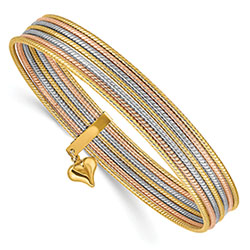 7 day tri-color 14k gold rope bangle bracelets with heart charm