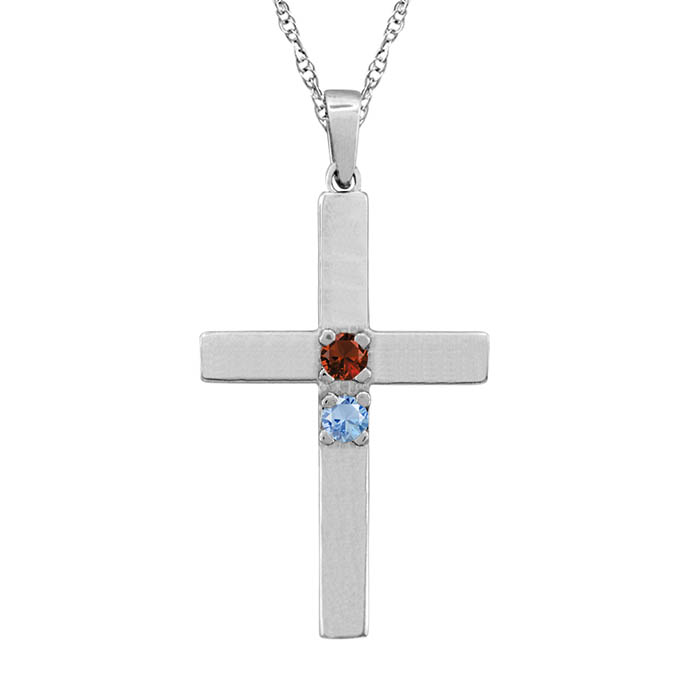 Personalized 2 Gemstone Birthstone Cross Necklace White Gold