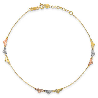 14K Tri-Color Gold Diamond-Cut Hearts Anklets, 9 Inches with 1