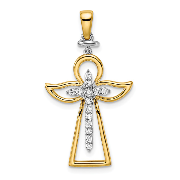 1/5 Carat Diamond Cross Angel Necklace Pendant, 14K Two-Tone Gold