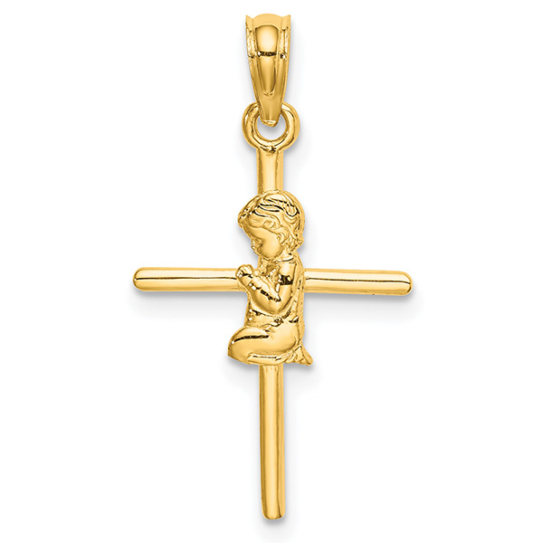 14K Gold Praying Boy Cross Pendant