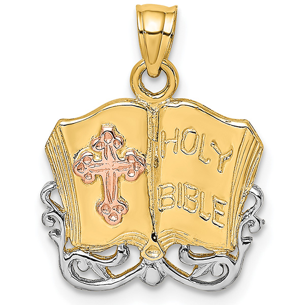 14K Gold Tri-Color Holy Bible Pendant with Cross