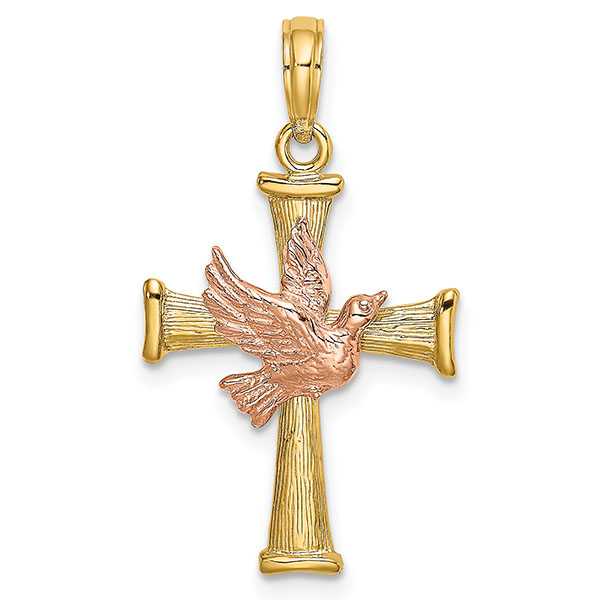 14k rose gold dove on textured yellow gold cross pendant