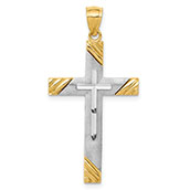 14K Two-Tone Gold Diamond-Cut Cross Inside Cross Pendant