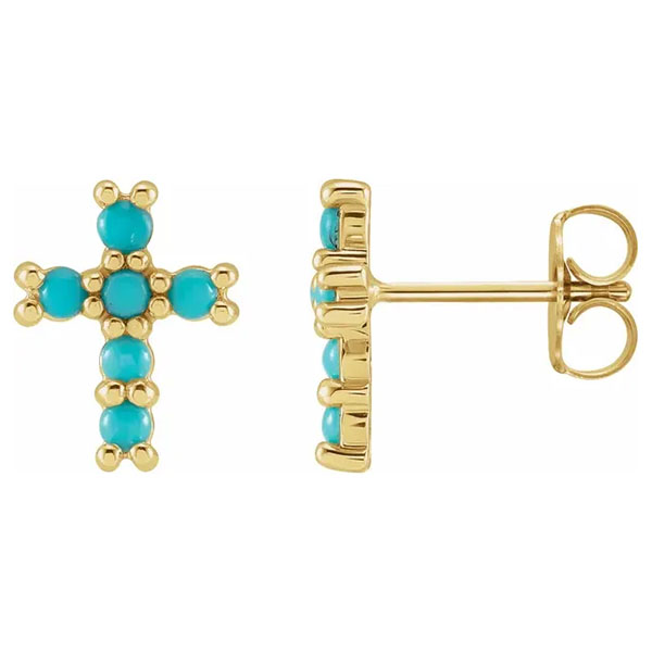6-Stone Turquoise Cross Earrings in 14k Gold