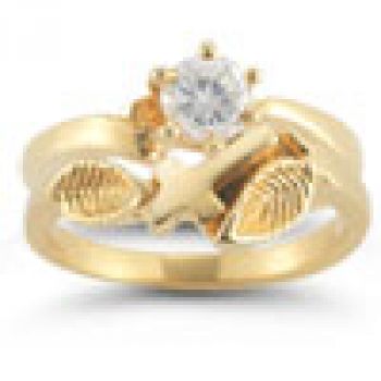 Christian Cross CZ Bridal Wedding Ring Set in 14K Yellow Gold 2