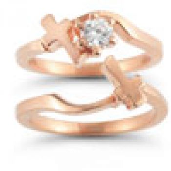 Diamond Cross Wedding Ring Bridal Set in 14K Rose Gold 3