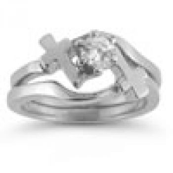 Diamond Cross Engagement and Wedding Ring Bridal Set in 14K White Gold 2