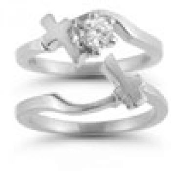 Diamond Cross Engagement and Wedding Ring Bridal Set in 14K White Gold 3