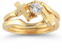 CZ Cross Engagement and Wedding Ring Set in 14K Yellow Gold