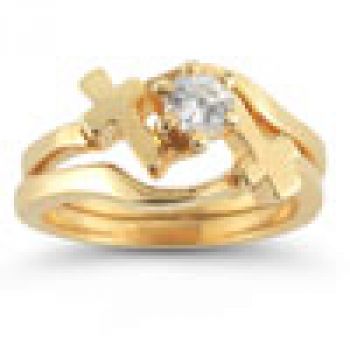 Diamond Cross Wedding Ring Bridal Set in 14K Yellow Gold 2