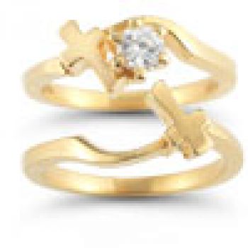 Diamond Cross Wedding Ring Bridal Set in 14K Yellow Gold 3