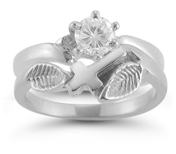 Christian Cross CZ Bridal Wedding Ring Set in 14K White Gold
