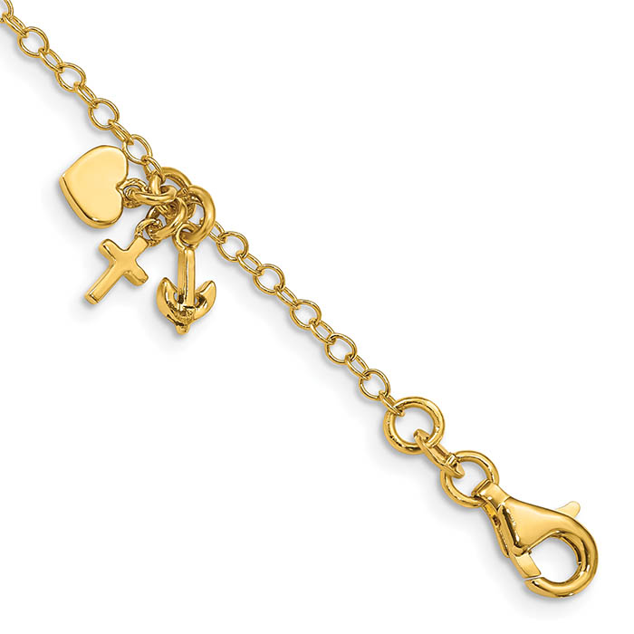 Heart Anchor Cross Charm Bracelet 14K Gold