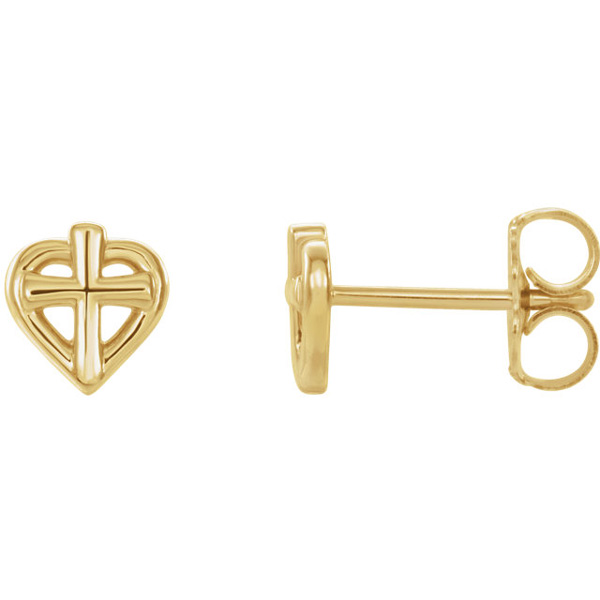 Cute Little Cross Heart Stud Earrings in 14K Yellow Gold