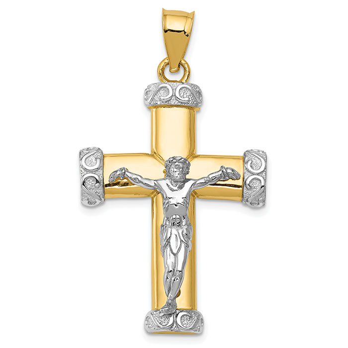 14K Two-Tone Gold Crucifix Pendant with Textured Swirl Design