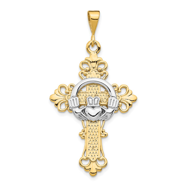 Fleur-de-Lis Claddagh Cross Pendant Necklace, 14K Two-Tone Gold