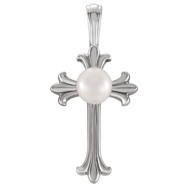 Freshwater Pearl Cross Necklace in 14K White Gold