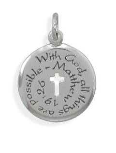 Matthew 19:26 Christian Cross Medallion Necklace in Sterling Silver